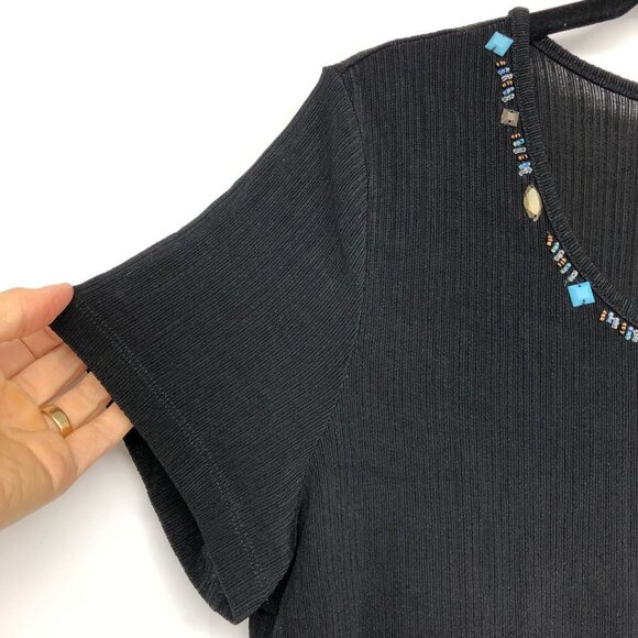 TanJay Black Textured jewelled neck Short Sleeve Shirt size S - Picture 6 of 14